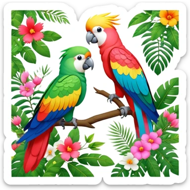 Close-up collage of vibrant Ara parrots and Inca cockatoos sitting on tree branches, surrounded by lush greenery. Bright colors of the birds stand out against a natural, sunny background of trees and flowers. Transparent background. sticker