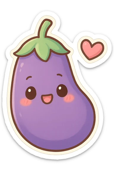 chibi sticker-style eggplant with a heart accent, cute and exaggerated sticker