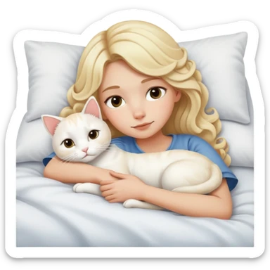 blonde haired girl curled up in bed with white cat sticker