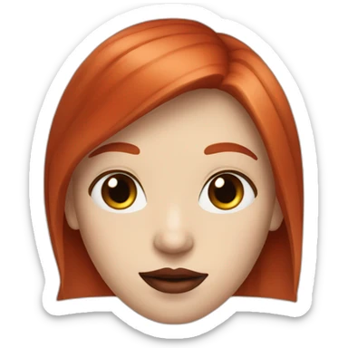 straight long red hair,red lipstick,black eyes, white skin and a small nose sticker