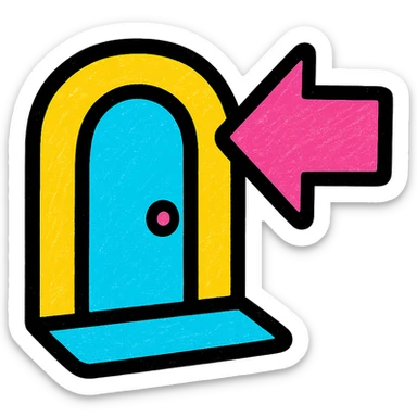 icon for '입구 위치가 눈에 잘 띄었어요' with a doorway and large eye-catching arrow pointing to it, suggesting easy-to-find entrance, colorful approachable style sticker