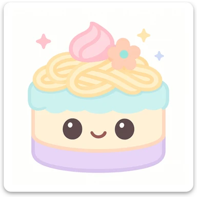 {
  "style_description": {
    "overall_look": "Cute, minimal, and soft with a friendly and playful tone",
    "material_simulation": {
      "primary_material": "flat digital color",
      "texture_detail": "smooth surfaces with no texture or shading",
      "pattern": "none or very simple decorative accents (e.g., hearts, stars)"
    },
    "geometry": {
      "edge_style": "rounded, soft curves with no sharp angles",
      "dimensionality": "flat two-dimensional appearance with simple shapes"
    },
    "color_palette": {
      "scheme": "pastel and light tones",
      "preferred_colors": ["pink", "mint", "lavender", "baby blue", "peach"],
      "contrast": "low contrast with bright accents"
    },
    "facial_features": {
      "eyes": "large, sparkly, often oval or circular",
      "mouth": "small, often a simple curve or dot",
      "expression": "joyful, innocent, or calm"
    },
    "lighting": {
      "type": "none or implied with soft highlights",
      "purpose": "maintain a clean and cheerful look"
    },
    "render_constraints": {
      "avoid": ["realistic shading", "high detail", "dark themes", "texture noise"],
      "focus_on": ["cute expression", "iconic simplicity", "emotional warmth"]
    },
    "background": {
      "color": "white or soft pastel",
      "style": "plain or patterned with simple icons (e.g., polka dots, stars)",
      "lighting_consistency": "no shadows, evenly lit feel"
    }
  }
}

{subject} = linguine cake sticker