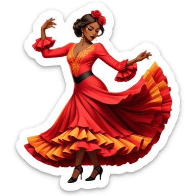 Cinematic Realistic Flamenco Dance Emoji, depicted as a passionate expressive flamenco performance with dramatic costumes and dynamic fiery movements, rendered with vibrant textures and bold energetic lighting that captures its intense rhythm. sticker