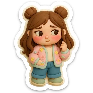 3D chibi fondant cake art style, high-quality rendering with smooth shadows and soft gradients. Girl based on reference image with preserved facial features and eye shape, long brown hair in two space buns, brown eyes, jeans, pastel floral cardigan, shoes, thick white outline like a sticker, transparent background. Standing shyly, blushing with red cheeks and nose, twirling a lock of hair around her finger. Ensure the face, hairstyle, eye shape, and shoes match the reference exactly. sticker