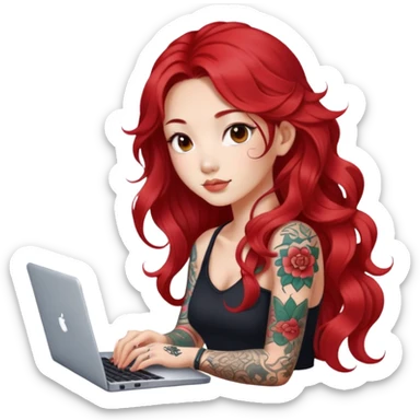 beautiful girl with tattoos, with long redhair, wavy hair, chinese, with laptop sticker
