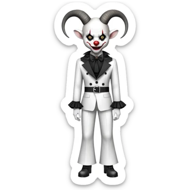 full-body demonic clown in black and white leisure suit with bellbottom pants, bald, black ram horns, flashy black and white belt, ruffled white shirt, no neck tie, large fangs sticker