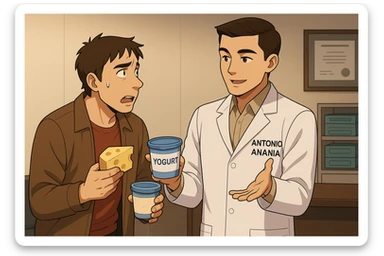 fai un webtoon manga a colori con questo stile, in cui un uomo fa una domanda al kinesiologo con il camice bianco (fagli anche la scritta "ANTONIO ANANIA" SUL CAMICE, l'uomo chiede una cosa mostrando un formaggio e uno yogurt al kinesiologo con il camice, IL KINESIOLOGO annuisce e SPIEGA ALL'UOMO UNA cos. L'UOMO ha un ESPRESSIONE CONFUSA IN VOLTO. non fare i fumetti però, fai solo in modo che sembri stiano parlando sticker