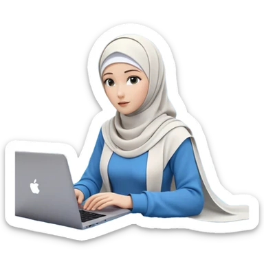 computer engineer with white hijab wearing blue outfit, with her metaverse creation coming to life around her, digital elements and code escaping from the screen behind her, virtual objects and holograms materializing in 3D space around her, laptop in front of her, her digital world extending beyond the screen into reality sticker