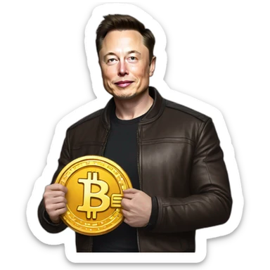 Elon musk holding bitcoin ,and wearing x clothes sticker