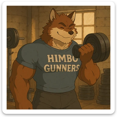 muscular furry character wearing a t-shirt that says 'Himbo Gunners' lifting weights in a gym sticker
