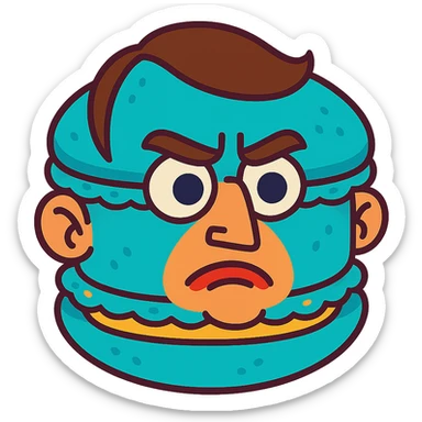 Emmanuel Macron transformed into a macaron with an expressive face, vibrant colors sticker