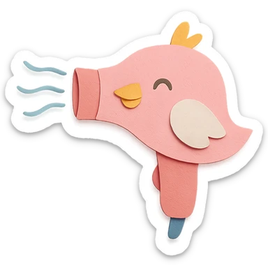 happy bird hair dryer, soft pink, blowing gentle air, full-body sticker