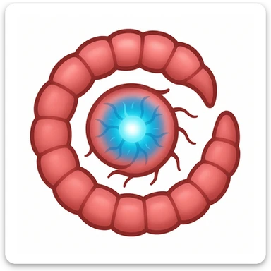 Edit the image to look like the original Neurax Worm from Plague Inc: a segmented pinkish worm with a glowing blue neural core, subtle neural tendrils, and the iconic spiral shape. The style should emulate the emoji style, focusing on concise and clear features typical of emojis. sticker