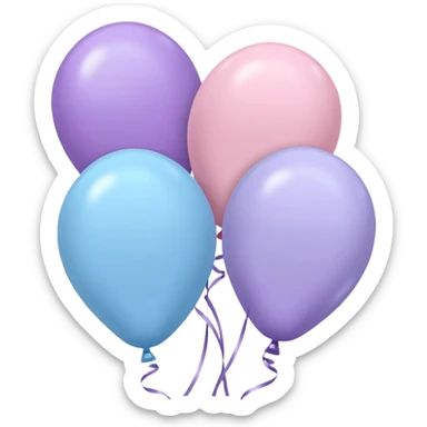 Three floating balloons emoji, each of the balloon's color is light pastel blue, pastel pink, and pastel purple. Cute IOS emoji style. sticker