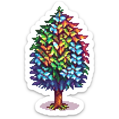 Terraria-inspired tree in pixel art, with rainbow-colored leaves for LGBTQ+ pride, whimsical and colorful, no text sticker