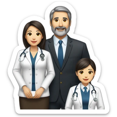 husband american age 64 dark brown hair trimmed beard wearing a business suit holding a bible, wife asian age 64 black shoulder length hair wearing nurse uniform, two daughters age 30 and 37 sticker