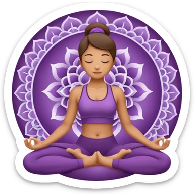A woman in a purple yoga outfit resting in child’s pose, peaceful feeling, gentle mandala texture in background. sticker