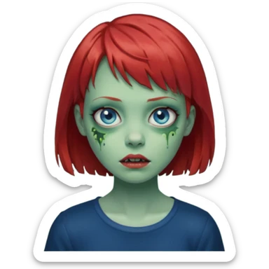 Zombie girl emoji with short red hair and bangs. Blue eyes, green skin, and a black top Her hair is slightly wavy sticker