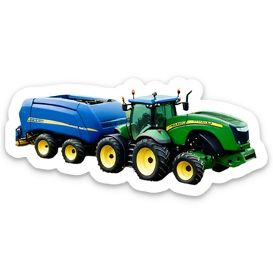 Baler – New Holland Roll-Belt 560 (2018) – Cinematic-realistic John Deere 6155M tractor towing a New Holland Roll-Belt 560 baler, its deep green body contrasting with the bright blue baler. The massive machine moves steadily through golden fields, compressing freshly cut hay into tight round bales, while dust swirls under the blazing afternoon sun. sticker