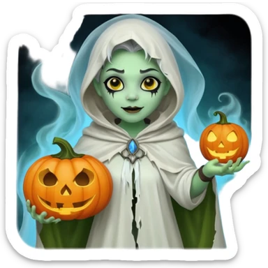 female orc ghost emoji, green skin, tusks, gentle smile, wearing flowing white ghost cloak with black eye holes, holding pumpkin lantern, faint glowing blue mist, Halloween fantasy, smooth Apple emoji style, white background, square sticker