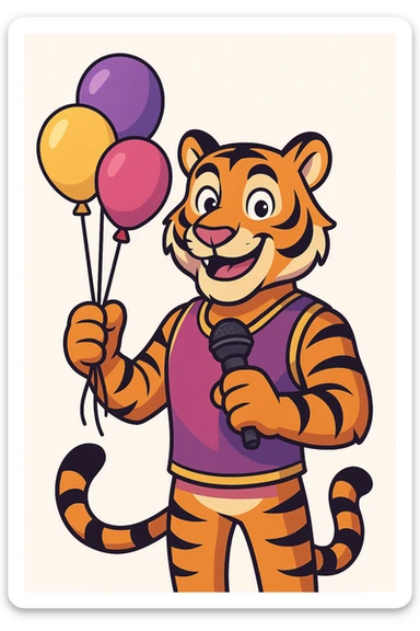 cartoon-style male tiger mascot standing upright smiling confidently with big eyes and a friendly expression wearing a purple and fuchsia vest or t-shirt holding party balloons in one hand microphone in the other clean modern colorful style with bold outlines and smooth shading color palette purple to fuchsia gradient gold accents white details energetic and fun perfect for a party and event company plain white background sticker