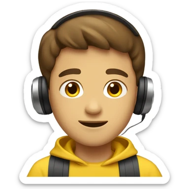 a brown short hair boy with headphone and yellow pullover say "hi" sticker
