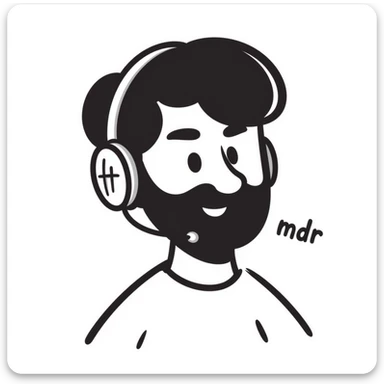 a person with black hair, brown eyes, and a black beard wearing a gaming headset saying "mdr" sticker