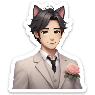 Gorgeous romantic anime style Asian formal modern gentlemanly guy with cat ears and flowers and blushing face aesthetic trending style outside sticker