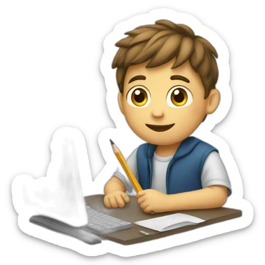 Boy with pencil and computer sticker