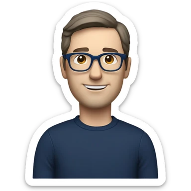 caucasian white man with dark hair, blue glasses, and carrying design plan because he is an architect carrying a pencil and a set model maquette. wearing a navy blue long sleeve sweater shirt. smart.  sticker