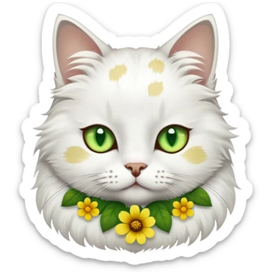 White cat with green eyes, brown-gray spots, and a yellow flower collar, looking serious. sticker