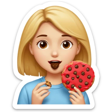 Girl eating a cookie thats bit into sticker