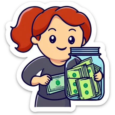 redhead woman with big smile holding glass jar with money bills inside sticker