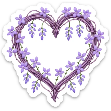 heart shape made out of barb wire vines with pastel lavenders and lilacs adorning the border with crystals hanging  sticker