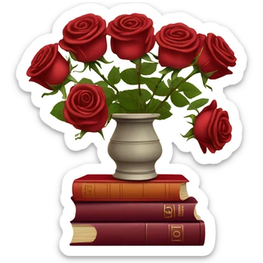 A red stack of books with a maroon bouquet of vintage-style roses and a silk ribbon sticker