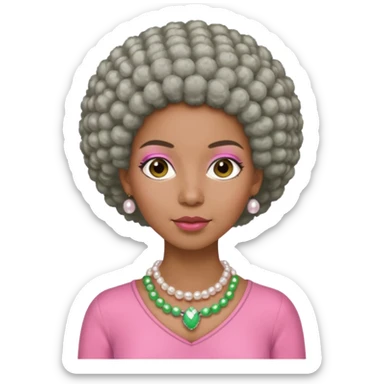 Brown woman with short gray Afro  wearing pink and green outfit and pearl necklace  sticker