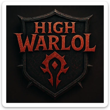 World of Warcraft-inspired logo for 'High Warlol', dramatic battle-worn look, Horde iconography, playful meme-like twist in lettering sticker