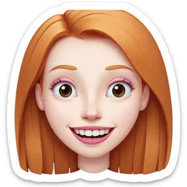 traditional emoji of young girl with very pale skin, long straight muted ginger hair, elongated oval face, bigger human-like eyes positioned close together, fuller thick eyebrows, wide nose, very large full pink lips with a big smile showing extremely large and prominent teeth, less intense expression sticker