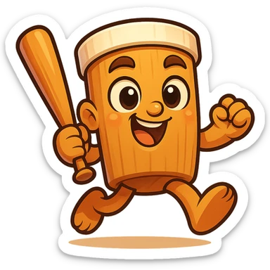 square image of absurd wooden stick-man creature, drum-like cylindrical body, holding baseball bat, cartoon style, bright vivid colors, dynamic pose,  sticker