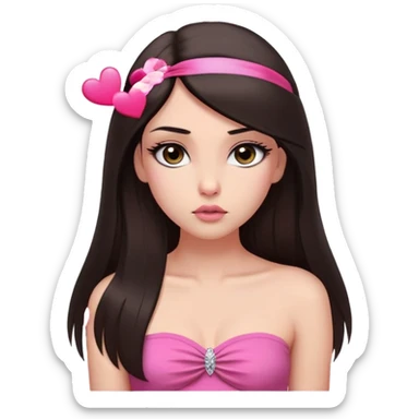 girl with lighter skin, dark brown long straight hair falling in front of her body, pouty shiny lips without cupid's bow, shiny large eyes with long eyelashes, lighter button nose, very long oval-shaped face, wearing a pink bandeau top with straight neckline, looking directly at camera with hands down at sides sticker
