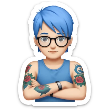 character with blue hair, glasses, tattoo on the arm sticker