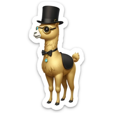 A small golden llama silhouette wearing a black top hat and a single eye monocle, full body shot sticker