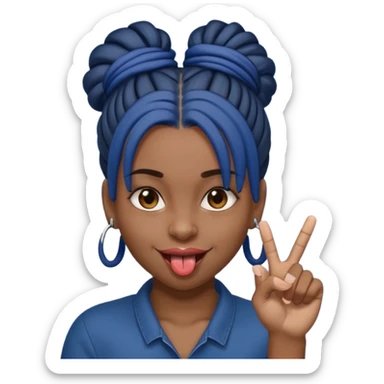 brown girl with dark blue dreads all in a bun with tongue out holding up middle finger sticker