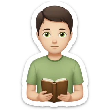 Thoughtful gentle man, fair skin, short dark brown hair, calm green eyes, simple light green shirt, waist-up front-facing, holding a closed book, serene expression, minimal background, soft lighting. sticker