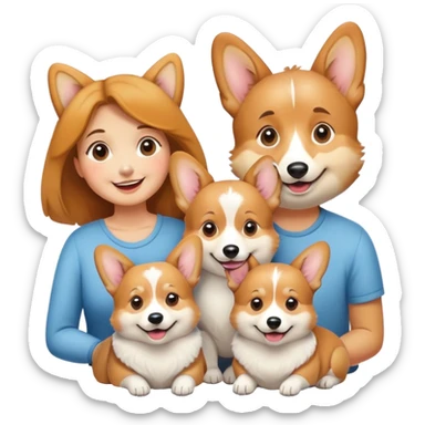 5 corgis, the mom, the dad, a boy and two girls sticker