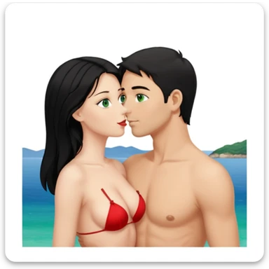 Blonde Woman, green eyes, Red thong, naked breast, Kissing man with blue eyes, black Hair, Background sea  sticker