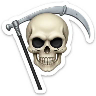 A laughing skull with a scythe crossed behind it, one eye socket winking. Clean, stylized lines, flat vector. Medieval woodcut style. Black and white with one accent color (tarnished silver). No background. sticker