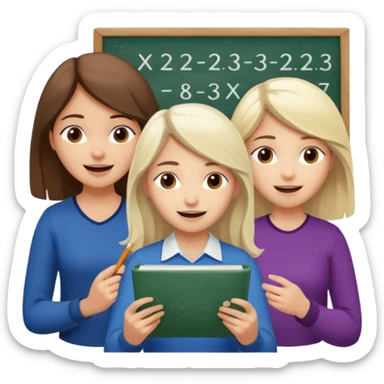 Mexican brown haired girl, white blond haired girl, and white brown haired girl all trying not to laugh while doing math sticker