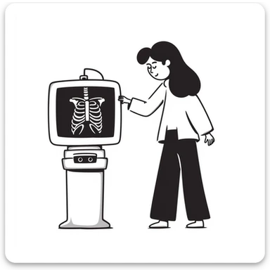A woman having an x-ray of her lungs with the image of the x-ray displayed sticker