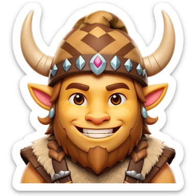 Cinematic Playful Barbarian Portrait Emoji, Head tilted with a cheeky grin and lively eyes, featuring a compact, stylized build in patchwork furs and a whimsical horned cap, Simplified yet irresistibly charming features, highly detailed, glowing with a warm, inviting glow, high shine, energetic and endearing, stylized with a touch of whimsical medieval mischief, soft glowing outline, capturing the essence of a playful barbarian that exudes friendly bravery! sticker